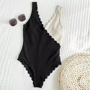 Scalloped One-Piece V-Neck Swimsuit, Black & Cream